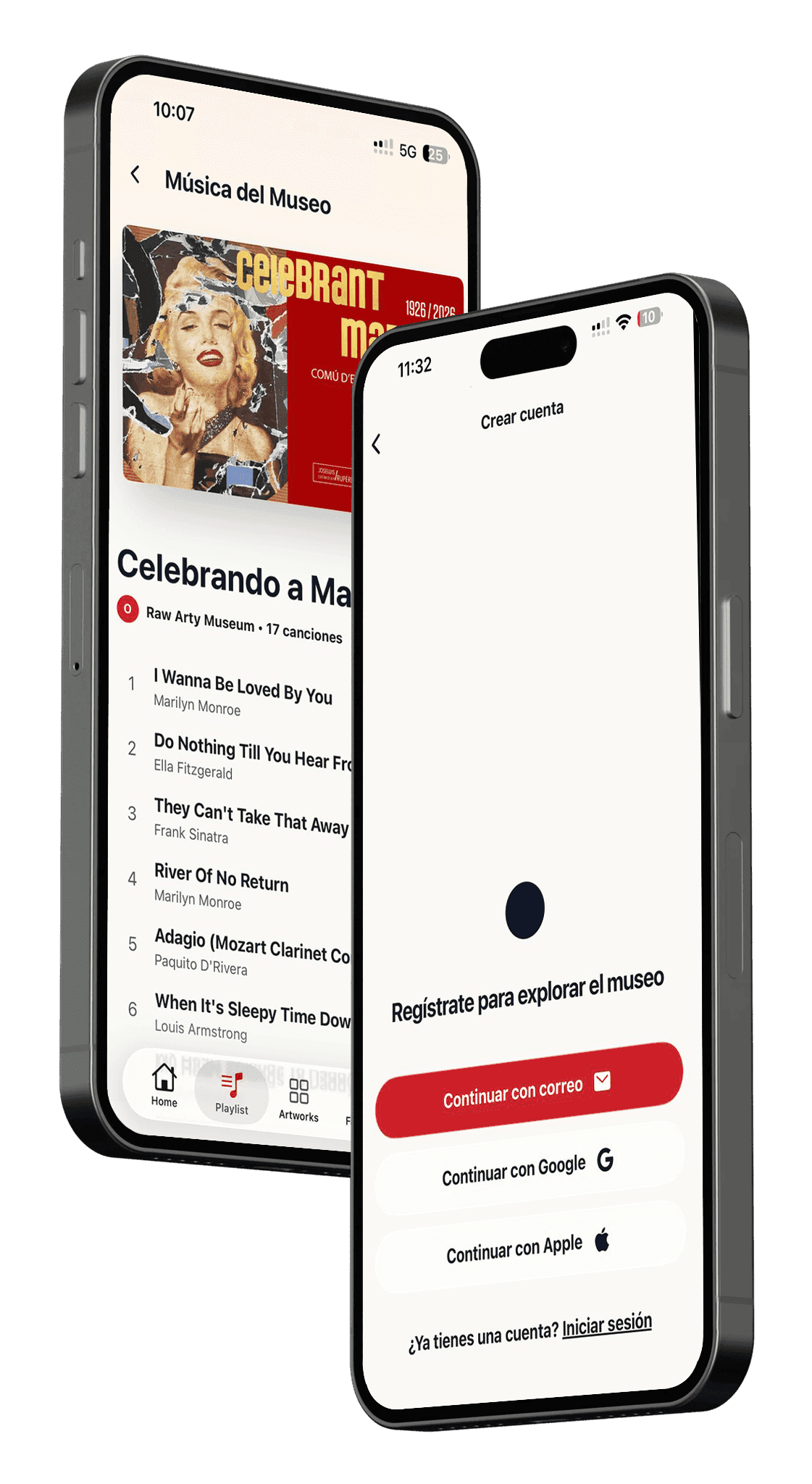 App mostrando pantalla de registro y música del museo